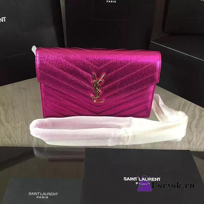 YSL Monogram Chain Wallet WOC Crinkled Metallic Pink 4938 19cm  - 1