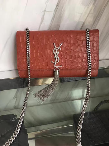 YSL MONOGRAM KATE Silver Tassel in Embossed Crocodile Shiny 5046 24cm