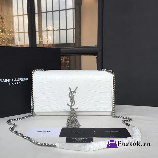 YSL MONOGRAM KATE Silver Tassel Crocodile White 4760 24cm  - 1