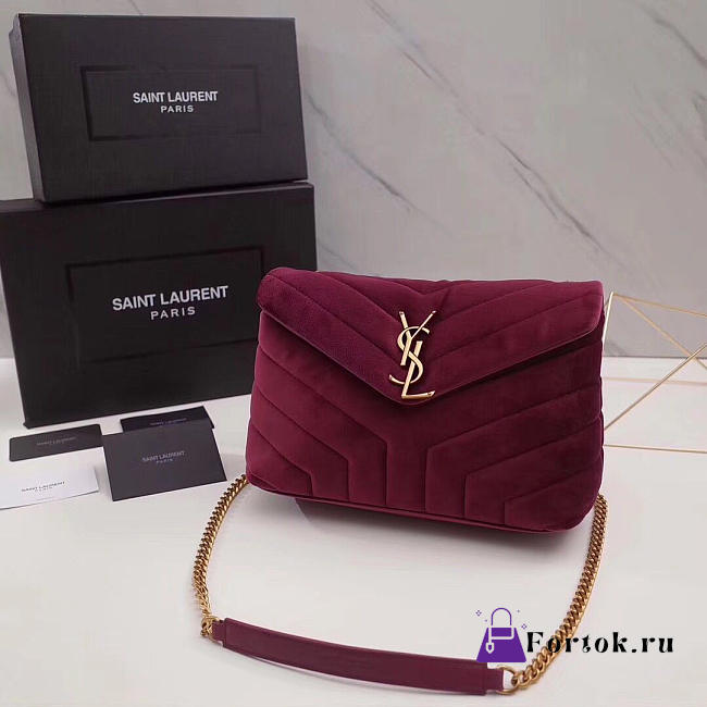 YSL LOULOU Monogram Quilted Velvet Shoulder Bag Rose Red 4809 25cm - 1
