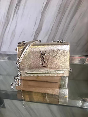 YSL SUNSET Chain Wallet Crinkled Metallic Gold 4854 17cm 