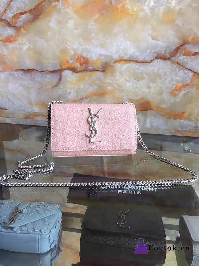 YSL silver MONOGRAM KATE Silver GRAIN DE POUDRE EMBOSSED LEATHER Pink 5022 17cm - 1