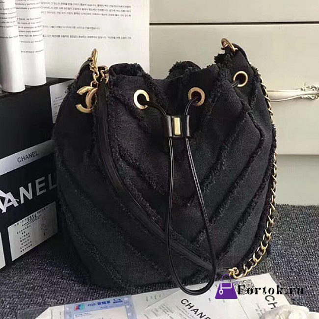 Chanel Canvas Patchwork Drawstring Bag Black A93727 26cm - 1