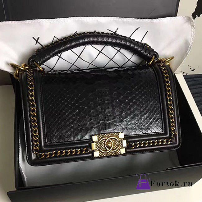 Chanel Snake Embossed Boy Bag TopHandle Black Gold A14041 25cm - 1