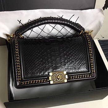 Chanel Snake Embossed Boy Bag TopHandle Black Gold A14041 25cm