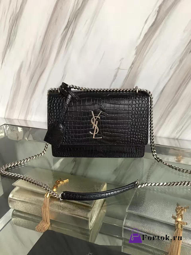 YSL Medium SUNSET Crocodile Embossed Shiny Black 4851 22cm  - 1