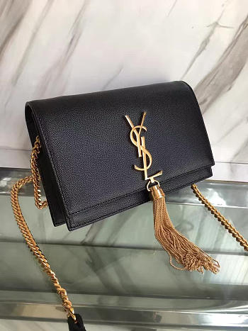 YSL MONOGRAM KATE Gold Tassel in Grain De Poudre Embossed Black 5052 19cm