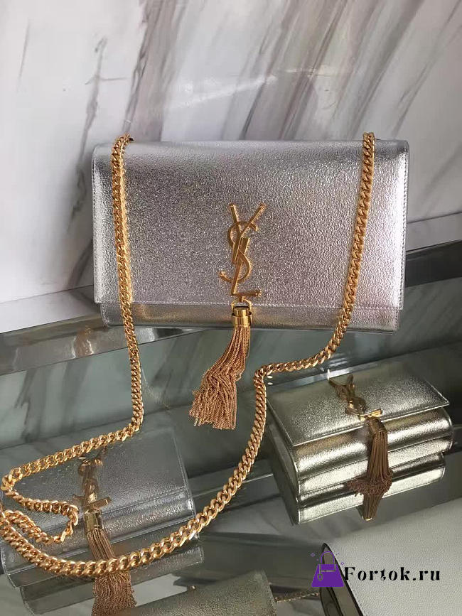 YSL KATE Chain Wallet Tassel Crinkled Metallic 5055 24cm - 1