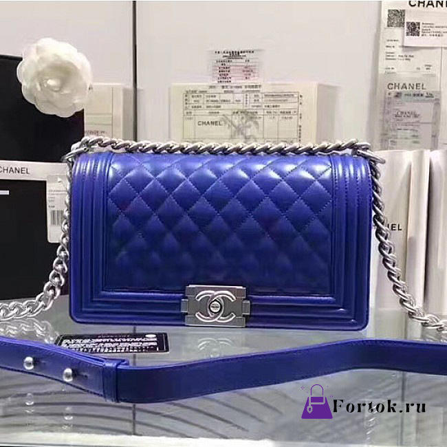 Chanel Quilted Lambskin Medium Boy Bag Blue A67086 25cm - 1