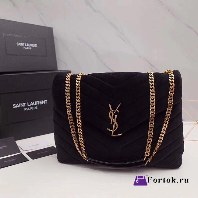 YSL LOULOU Monogram Quilted Velvet Shoulder Bag Black 30cm - 1