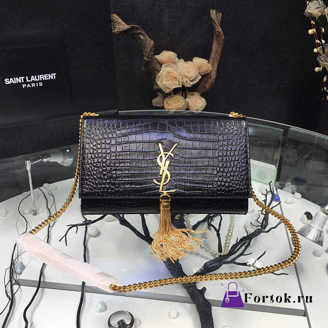 YSL MONOGRAM KATE Gold Tassel In Embossed Crocodile Shiny Black 5056 24cm - 1