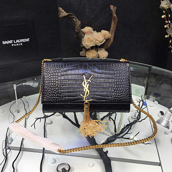 YSL MONOGRAM KATE Gold Tassel In Embossed Crocodile Shiny Black 5056 24cm