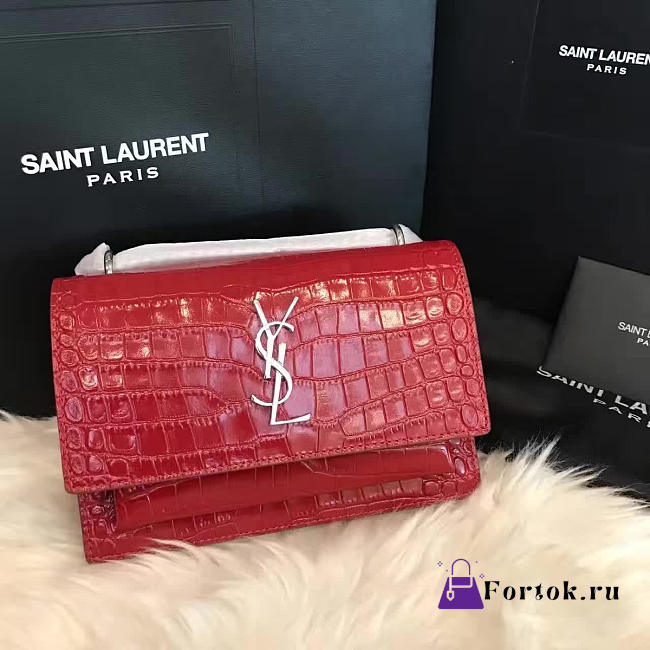 YSL SUNSET Chain Wallet Crocodile Embossed Shiny Red 4860 17cm  - 1
