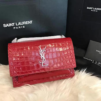 YSL SUNSET Chain Wallet Crocodile Embossed Shiny Red 4860 17cm 