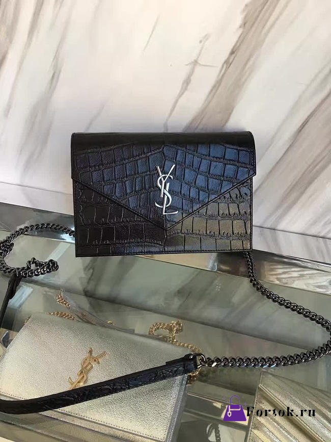 YSL MONOGRAM KATE CROCODILE EMBOSSED SHINY Black 5029 19cm - 1