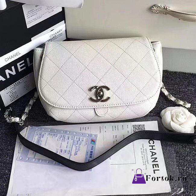 Chanel Grained Calfskin Caviar Stitched Shoulder Bag White A92949 VS07753 - 1