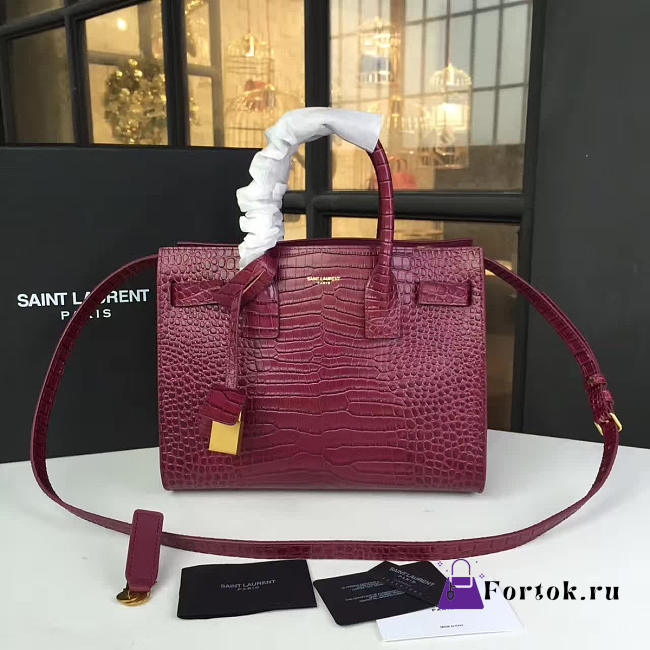 YSL Sac-De-Jour CROCODILE EMBOSSED SHINY Red Wine 26cm  - 1