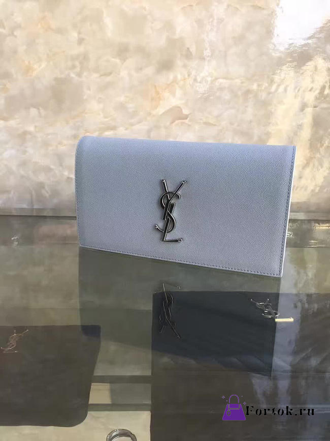 YSL MONOGRAM KATE Clutch GRAIN DE POUDRE EMBOSSED Light Blue 4947 25cm  - 1