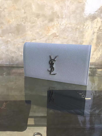 YSL MONOGRAM KATE Clutch GRAIN DE POUDRE EMBOSSED Light Blue 4947 25cm 