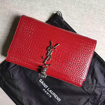 YSL MONOGRAM KATE Silver Tassel Crocodile Leather Red 4966 24cm 