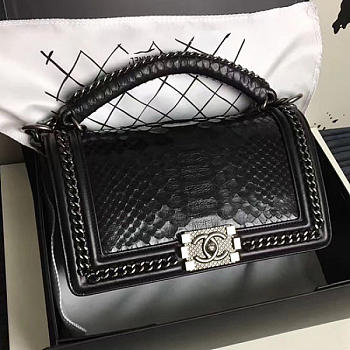 Chanel Snake Embossed Boy Bag TopHandle Black Silver A14041 25cm