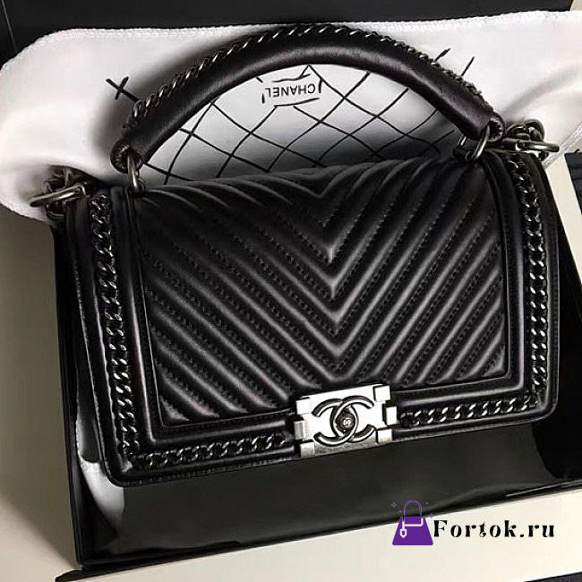 Chanel Chevron Lambskin Quilted Boy Bag with Top Handle Black A14041 25cm - 1