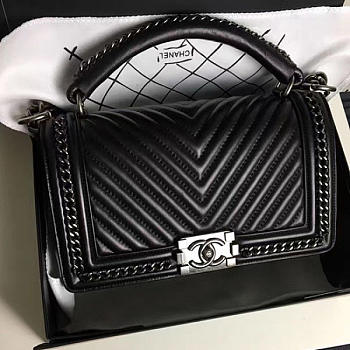 Chanel Chevron Lambskin Quilted Boy Bag with Top Handle Black A14041 25cm