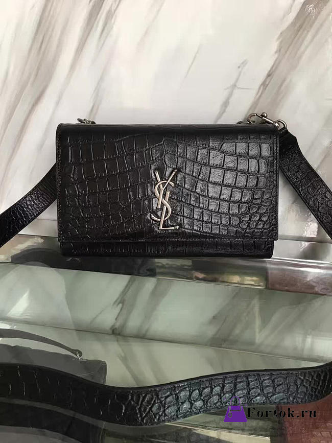 YSL MONOGRAM KATE CROCODILE EMBOSSED SHINY LEATHER Black 5023 24cm - 1
