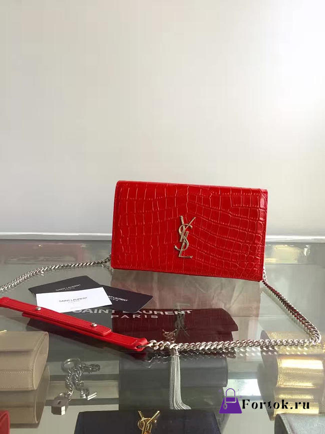 YSL MONOGRAM KATE CROCODILE EMBOSSED SHINY LEATHER Red 5024 22.5cm - 1