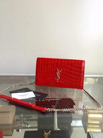 YSL MONOGRAM KATE CROCODILE EMBOSSED SHINY LEATHER Red 5024 22.5cm