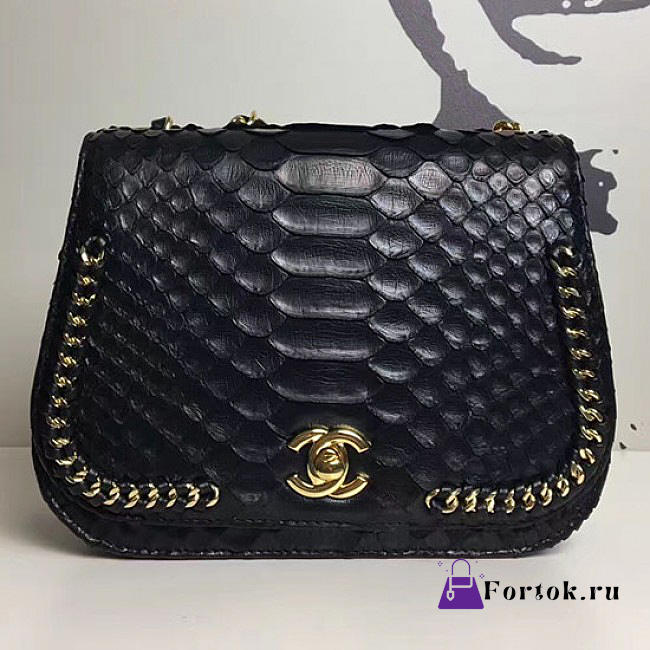 Chanel Snake Embossedr Flap Shoulder Bag Black A98774 20cm - 1