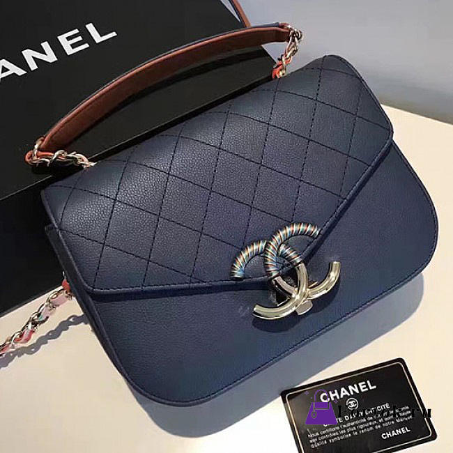 Chanel Grained Calfskin Flap Bag With Top Handle Dark Blue A93633 25cm  - 1