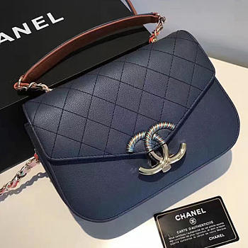 Chanel Grained Calfskin Flap Bag With Top Handle Dark Blue A93633 25cm 