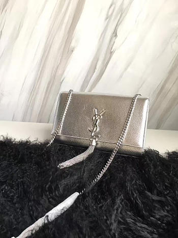 YSL KATE CHAIN WALLET WITH TASSEL SILVER CRINKLED METALLIC LEATHER 5003 24cm 
