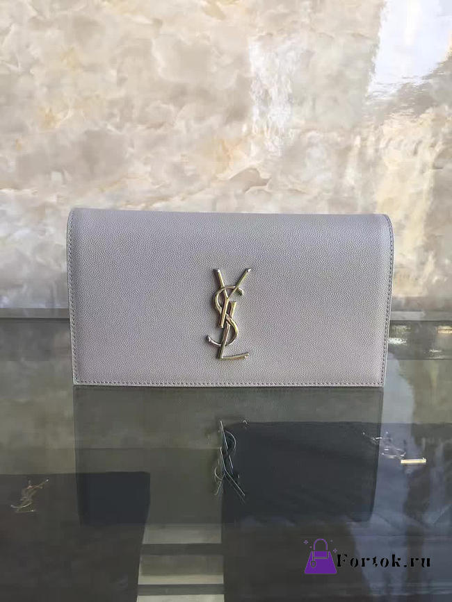 YSL MONOGRAM KATE Clutch GRAIN DE POUDRE EMBOSSED LEATHER Gray 4967 25cm  - 1