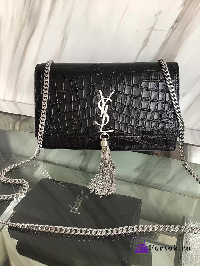 YSL MONOGRAM KATE SLIVER TASSEL IN EMBOSSED CROCODILE SHINY Black 5033 24cm - 1