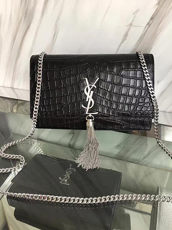 YSL MONOGRAM KATE SLIVER TASSEL IN EMBOSSED CROCODILE SHINY Black 5033 24cm