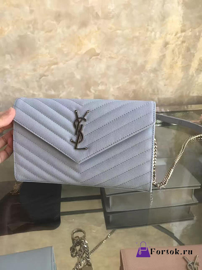 YSL ENVELOPE Silver Chain Wallet Dusty Blue 5091 22cm - 1