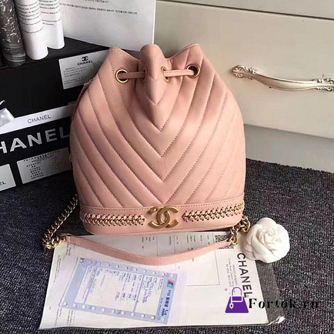 Chanel Lambskin Drawstring Bucket Bag Pink A91885 27cm - 1