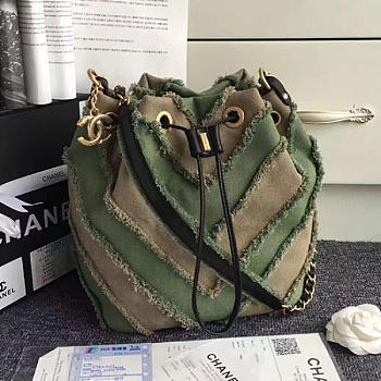 Chanel Canvas Patchwork Chevron Drawstring Bag Khaki A93727 VS09039