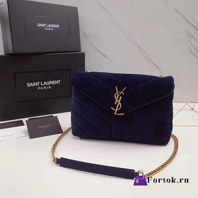 YSL LOULOU Monogram Quilted Velvet Shoulder Bag Navy 4795 25cm - 1