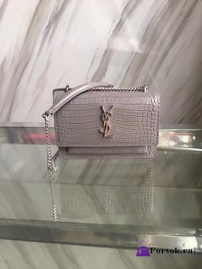 YSL SUNSET Chain Wallet Crocodile Embossed Shiny Gray 4858 17cm  - 1