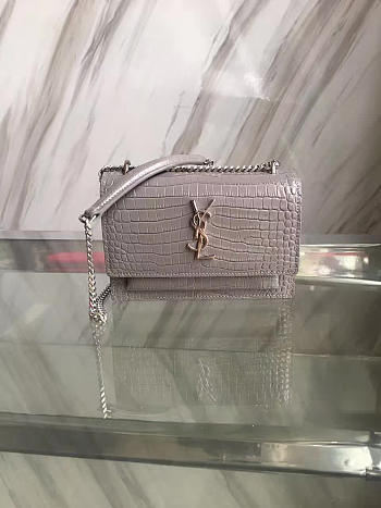 YSL SUNSET Chain Wallet Crocodile Embossed Shiny Gray 4858 17cm 