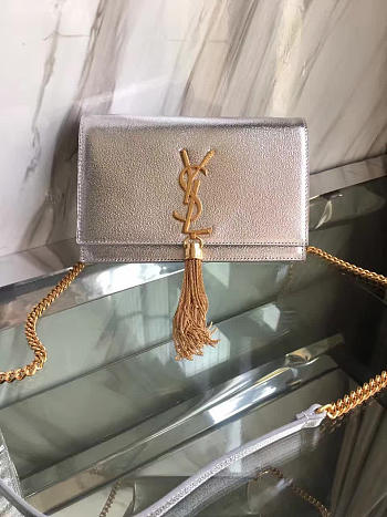 YSL MONOGRAM KATE Gold Tassel in Grain De Poudre Embossed Metallic Silver 5049 19cm