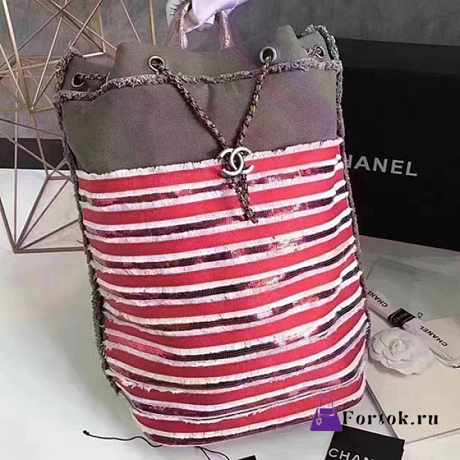 Chanel Canvas Sequins Drawstring Backpack Grey and Red A93671 40cm - 1