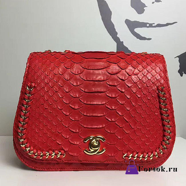 Chanel Snake Embossedr Flap Shoulder Bag Red A98774 20cm - 1