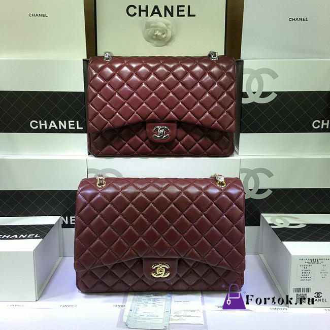 CHANEL Lambskin Leather Flap Bag Gold/Silver Hardware Maroon Red 33cm - 1