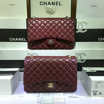 CHANEL Lambskin Leather Flap Bag Gold/Silver Hardware Maroon Red 33cm