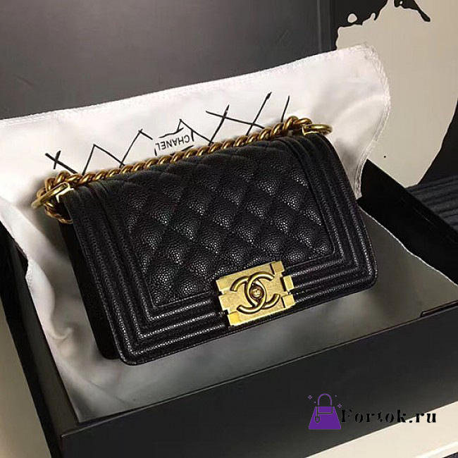 Chanel Small Quilted Caviar Boy Bag Black Gold VS05262 20cm - 1