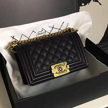 Chanel Small Quilted Caviar Boy Bag Black Gold VS05262 20cm